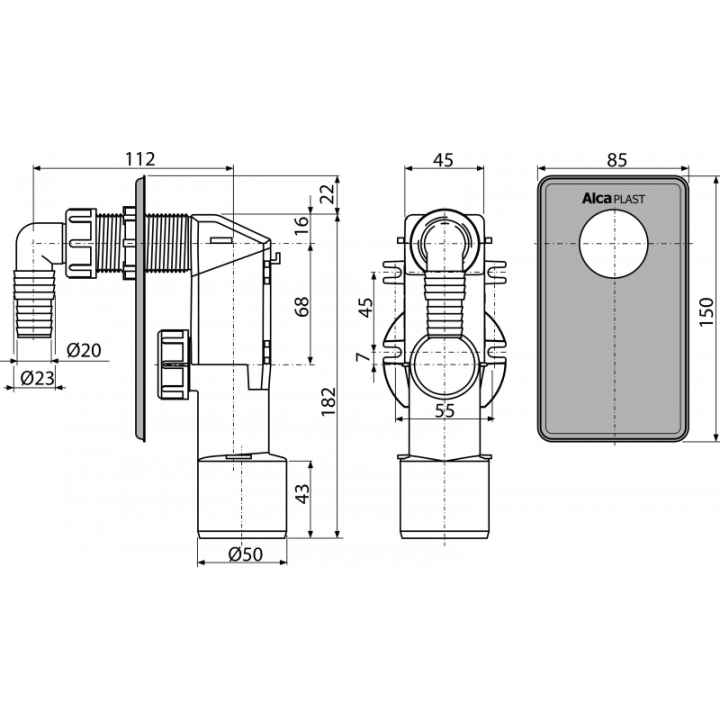 Фото Сифон для пральної машини AlcaPlast APS3 під штукатурку (хром)  - Магазин MASMART