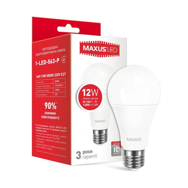 Фото Лампа Maxus 1-LED- 563 A65 12W 3000K 220V E27 - Магазин MASMART
