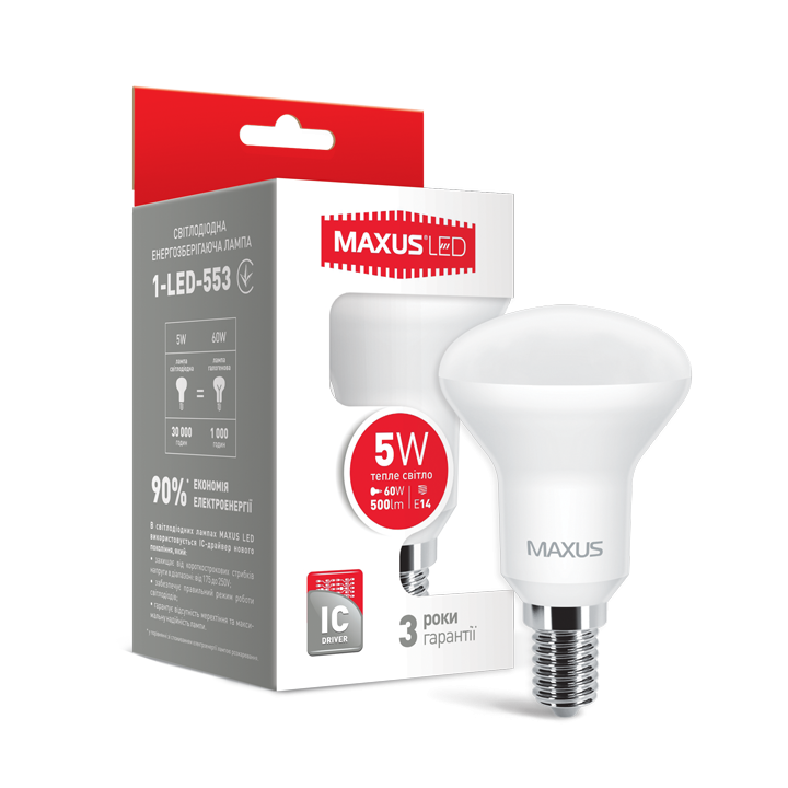 Фото Лампа Maxus 1-LED-553 R50 5W 3000K 220V E14 - Магазин MASMART