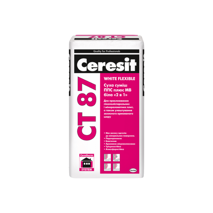 Фото Клей для приклеивания Ceresit СТ 87 белый (для пенопласта и минваты) 25 кг *уценка - Магазин MASMART