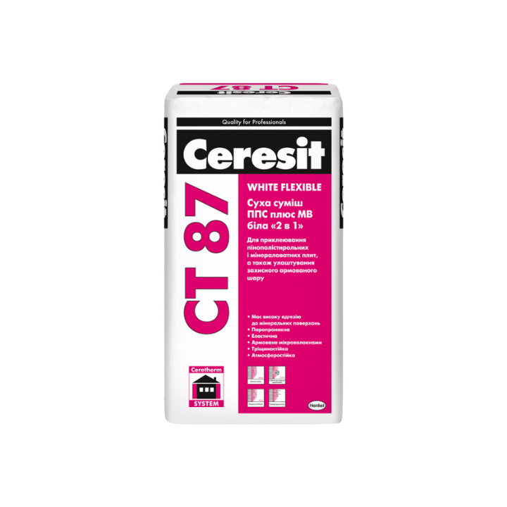 Фото Клей для приклеивания Ceresit СТ 87 белый (для пенопласта и минваты) 25 кг - Магазин MASMART