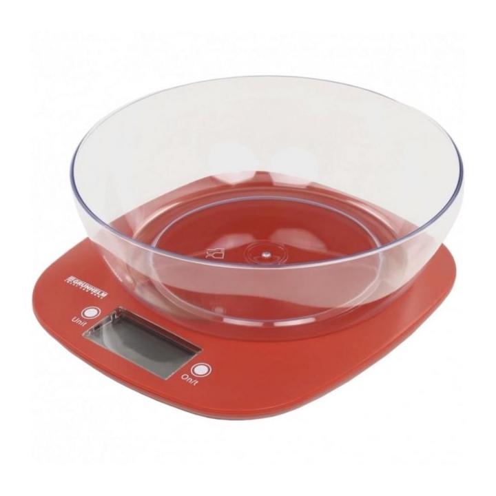 Фото Ваги кухонні Grunhelm KES-1PR  5 кг  червоні з чашею - Магазин MASMART