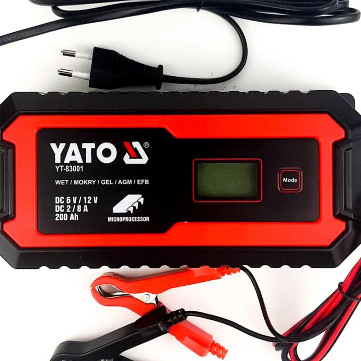 Фото Зарядное устройство YATO-83001 для аккумуляторов 6V-2А/12V-8А, макс 240 A Год сетевой с LCD дисплеем 230В  - Магазин MASMART