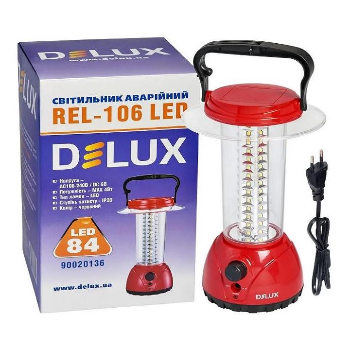 Фото Ліхтар-світильник аварійний DELUX REL-106 4W 84 LED з аккумулятором (3,7V2.4Ah) 84 LED 4W 149x149x241 - Магазин MASMART