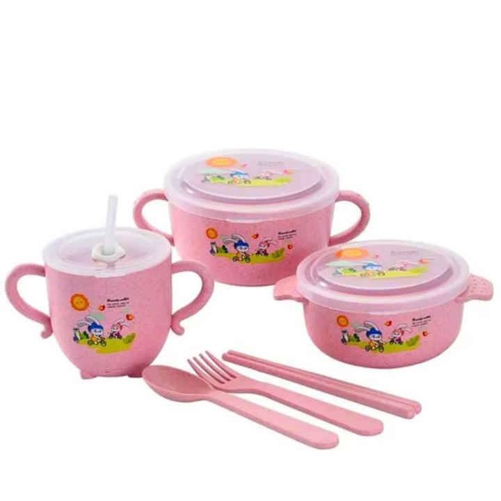 Фото Детская посуда из пшеничной шелухи Эко (8 предметов - 2 супницы и чашка с крышкой, ложка, вилка)  - Магазин MASMART