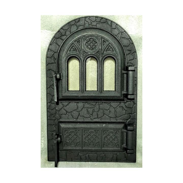Фото Дверцята спарені чавунні арочні з термосклом Микулин 530х330  - Магазин MASMART