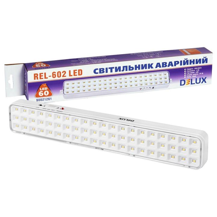 Фото Фонарь аварийный LED DELUX аккумуляторный REL-602 3,7V2Ah 60LED 4W 342х55х30 90021261  - Магазин MASMART