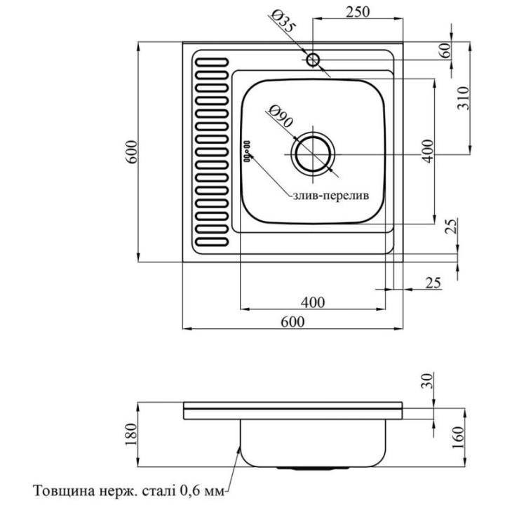 Фото Кухонная мойка накладная Kroner KRP Dekor-6060R (0,6 мм)  - Магазин MASMART