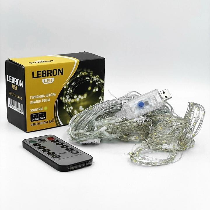 Фото Гирлянда LED Lebron Штора 3х2м капли росы USB+пульт 15-18-64 белая - Магазин MASMART