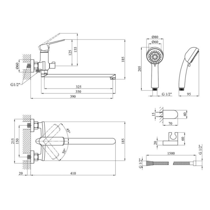 Фото Смеситель для ванны Kroner KRP Dorn-C070 с длинным отливом  - Магазин MASMART