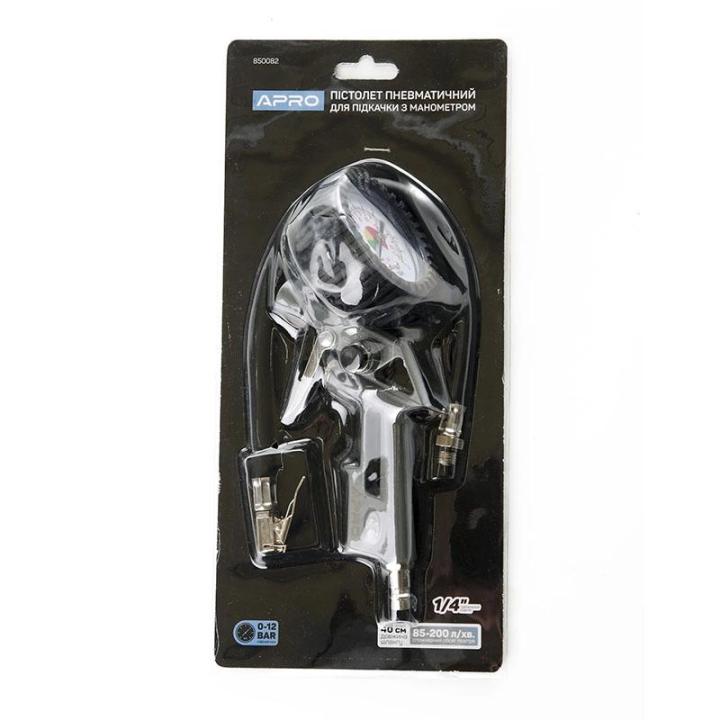 Фото Пістолет для підкачки коліс пневматичний з манометром APRO 85-200л/хв 12бар (850082)  - Магазин MASMART