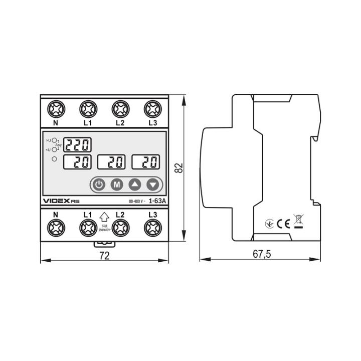 Фото Реле контроля напряжения и тока трехфазное 1-63А VIDEX RESIST 145-300В VF-RS-3RNT63 27484  - Магазин MASMART