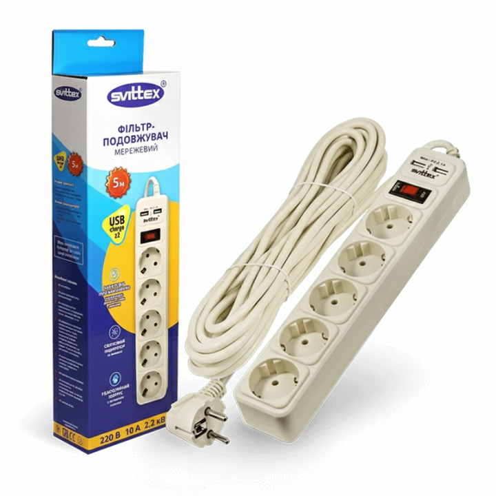 Фото Мережевий фільтр-подовжувач SVITTEX з вимикачем та заземленням 5 гнізд 2хUSB 5м - Магазин MASMART