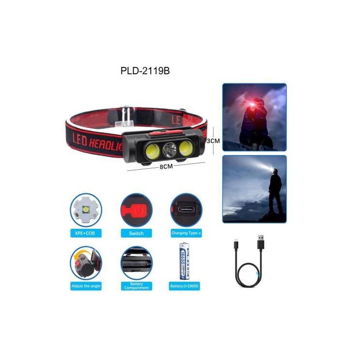 Фото Ліхтар налобний акумуляторний PLD-2119B XPE+2COB (white+red) 1х18650, ЗУ Type-C, Box  - Магазин MASMART