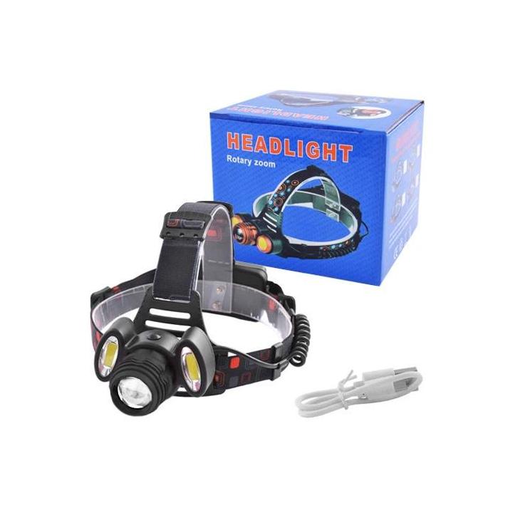 Фото Фонарь наголовный аккумуляторный Police T6+2COB, 4 режима, ЗУ micro USB, 2х18650, zoom, Box  - Магазин MASMART