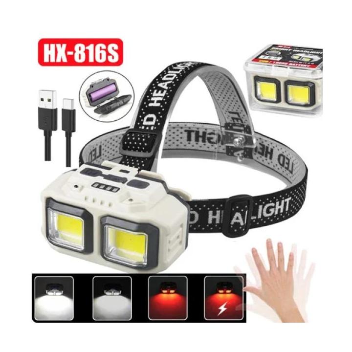Фото Налобный аккумуляторный фонарь с датчиком движения HX-816S 2COB(white+red) Motion Sensor Waterproof 1x18650 ЗУ Type-C Box  - Магазин MASMART