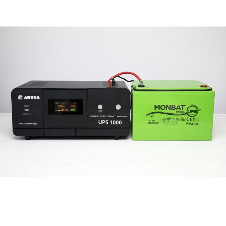 Фото Источник бесперебойного питания ARUNA UPS-1000 (1000ВА/600 Вт) + Аккумуляторная батарея MONBAT 12V/110Ah GEL 12W 110MAX - Магазин MASMART