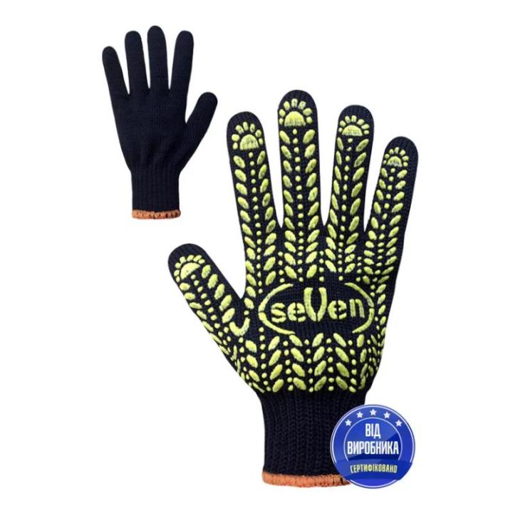 Фото Перчатки трикотажные черные с ПВХ-точкой Seven 1-й сорт 10-й размер (69883) - Магазин MASMART