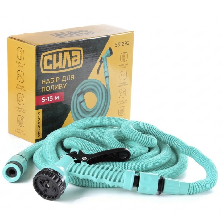 Фото Шланг для поливу розтяжний 5-15м + пістолет-розпилювач на 7 режимів СИЛА (551292) - Магазин MASMART