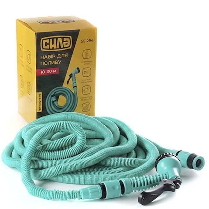 Фото Шланг для полива растяжимый 10-30м + пистолет-распылитель на 7 режимов СИЛА (551294) - Магазин MASMART