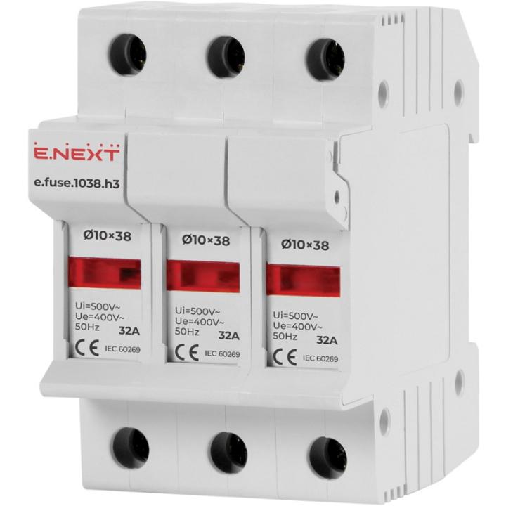 Фото Держатель предохранителя E.Next 32А 3P e.fuse.1038.h3 10х38 - Магазин MASMART